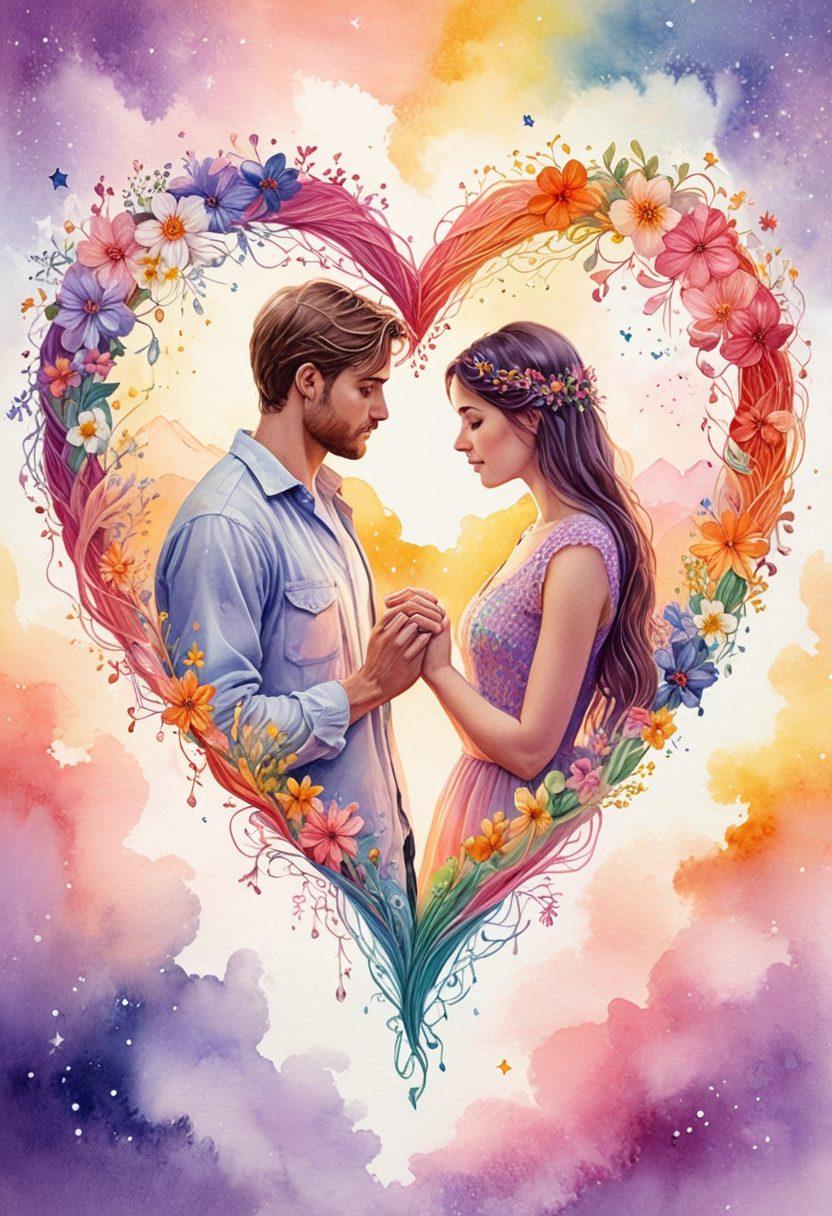 A beautifully intertwined heart made of colorful yarn threads, symbolizing connection and romance, surrounded by delicate flowers and sparkling stars. Two silhouettes of a couple reaching out to each other in the background, representing chemistry and connection. Soft pastel colors enhance the warmth of love. artistic watercolor style. vibrant colors.