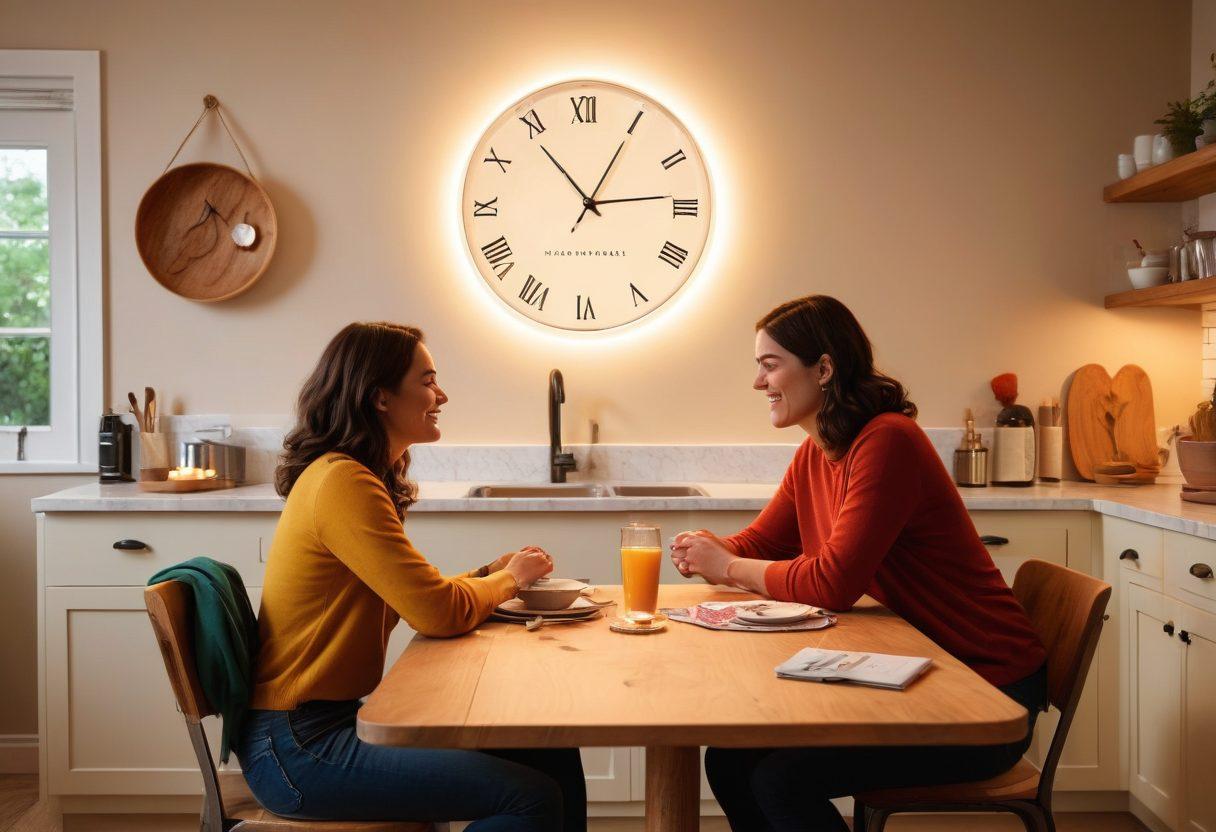 A cozy, intimate scene depicting two people communicating heartily with each other, surrounded by symbolic representations of love languages: a speech bubble for words of affirmation, gifts wrapped beautifully, acts of service illustrated by cooking together, a clock showing quality time, and touch with hands gently intertwined. Soft lighting and warm colors convey a sense of romance and connection. super-realistic. vibrant colors. soft focus.